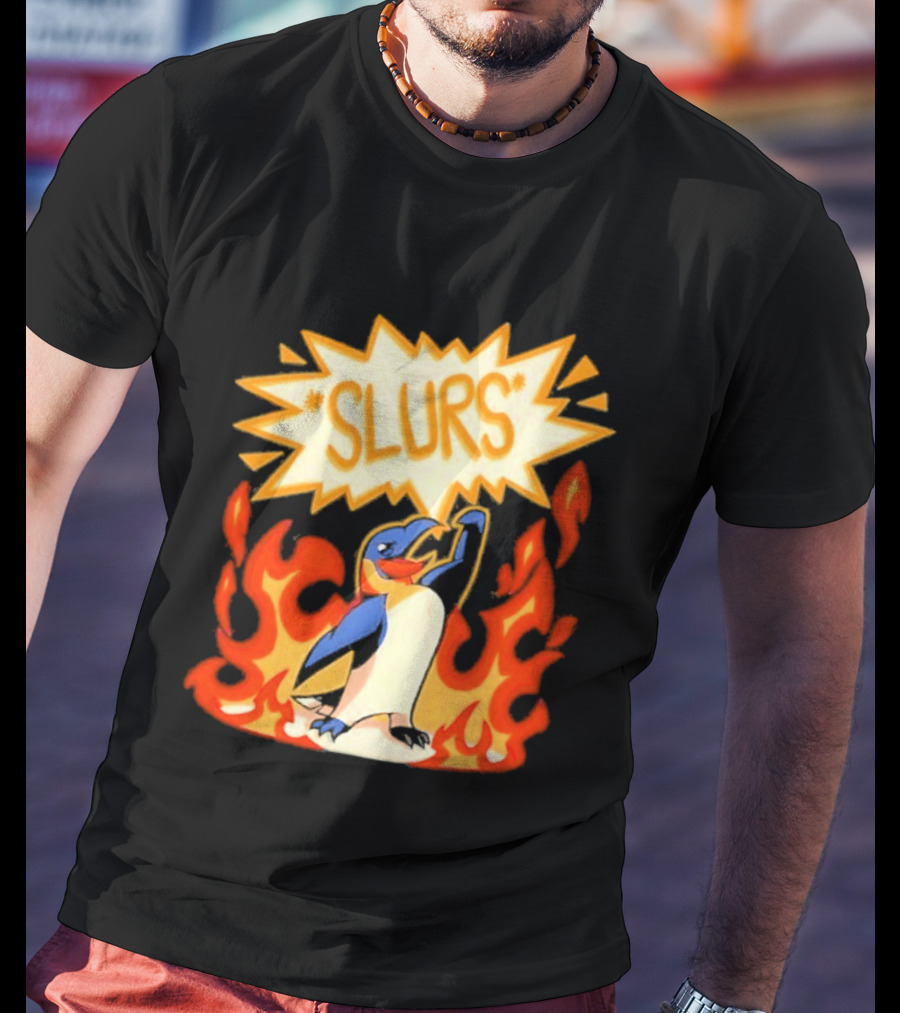 Penguin Slurs Cartoon Flaming Penguin In Fiery Speech Bubble T-Shirt