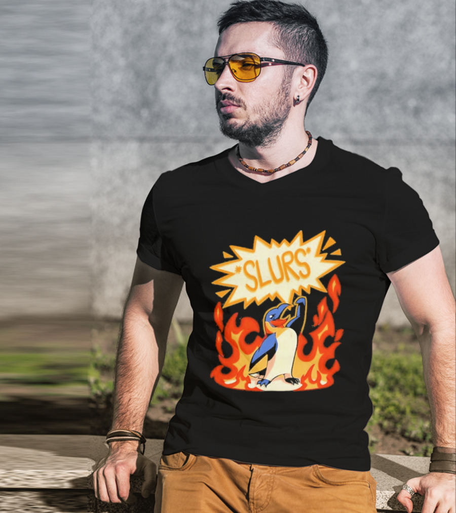 Penguin Slurs Cartoon Flaming Penguin In Fiery Speech Bubble T-Shirt