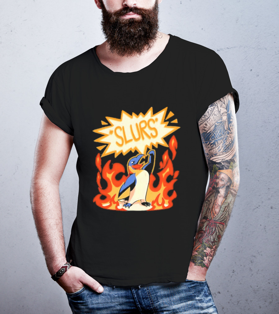 Penguin Slurs Cartoon Flaming Penguin In Fiery Speech Bubble T-Shirt