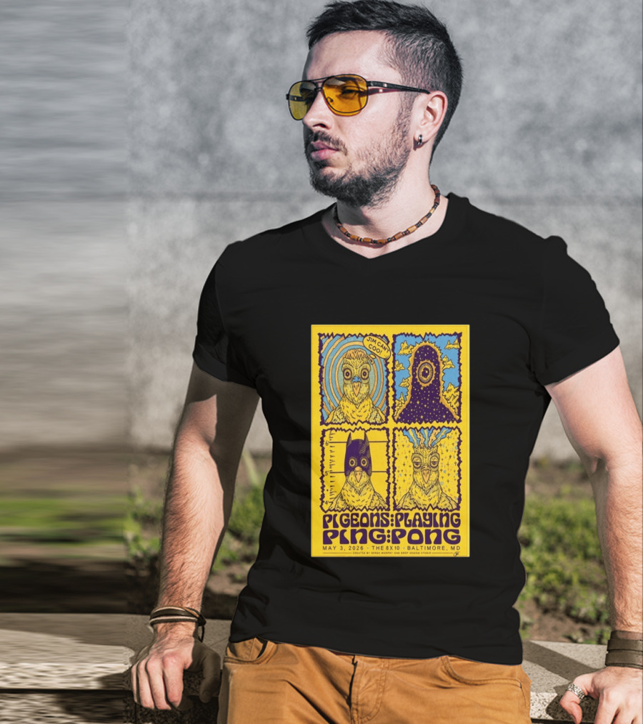 Pigeons Playing Ping Pong May 3 2026 Baltimore MD Jim Can Coo Created By Derek Murphy One Drop Design Studio T-Shirt