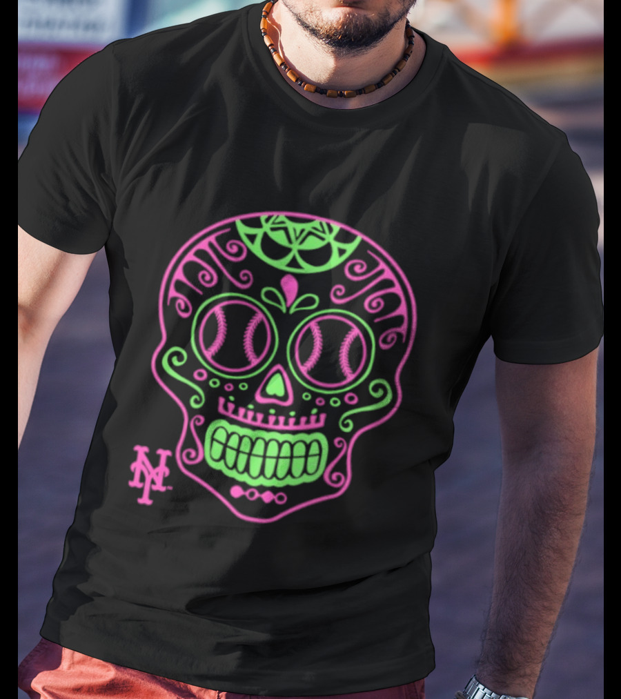 New York Mets Neon Pink Green Sugar Skull 2026 T-Shirt