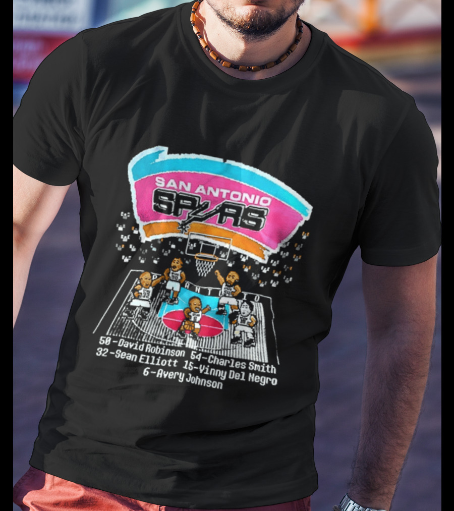 San Antonio Spurs 8 Bit Caricature David Robinson Charles Smith Sean Elliott Vinny Del Negro Avery Johnson NBA T-Shirt