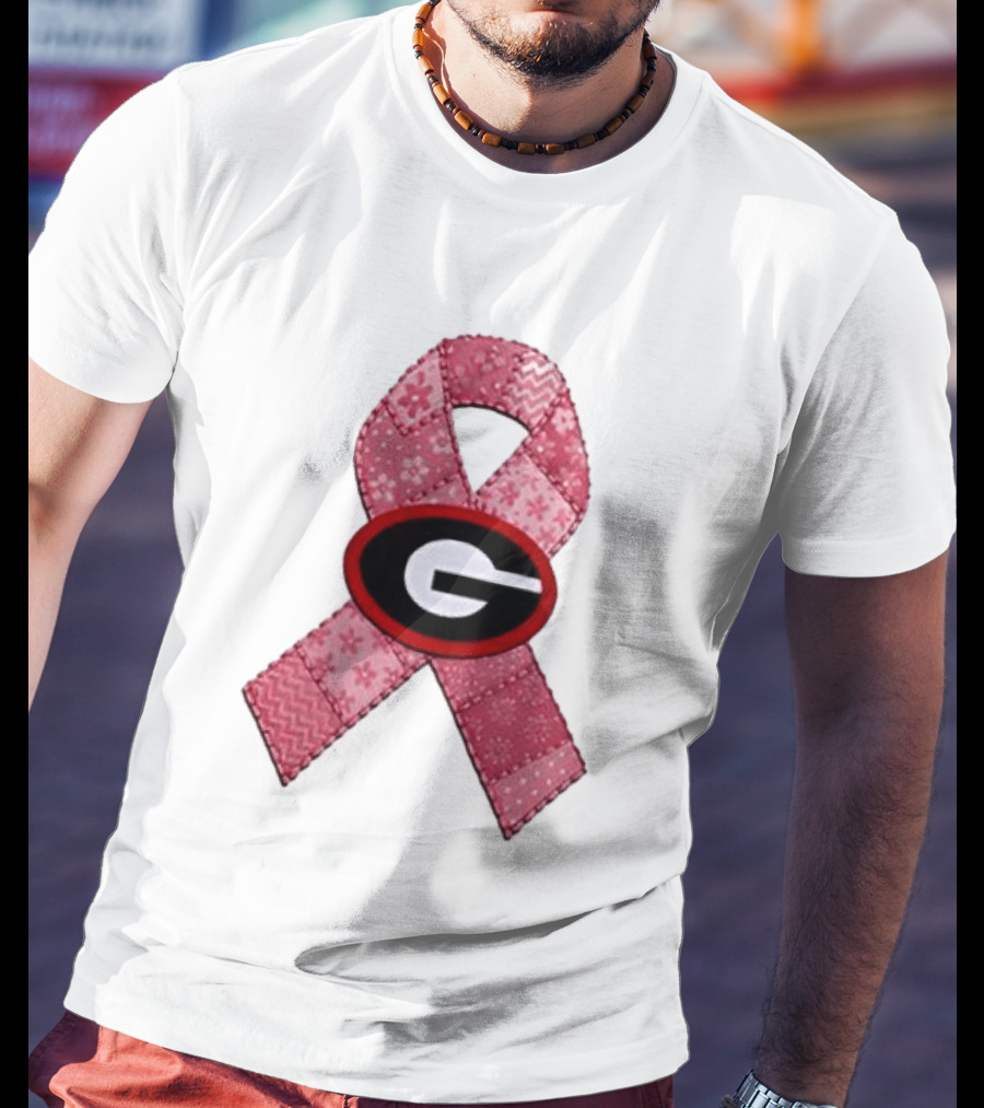 Georgia Bulldogs Patchwork Pink Ribbon Breast Cancer Awareness T-Shirt
