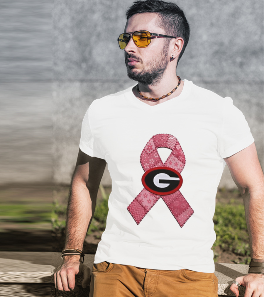 Georgia Bulldogs Patchwork Pink Ribbon Breast Cancer Awareness T-Shirt