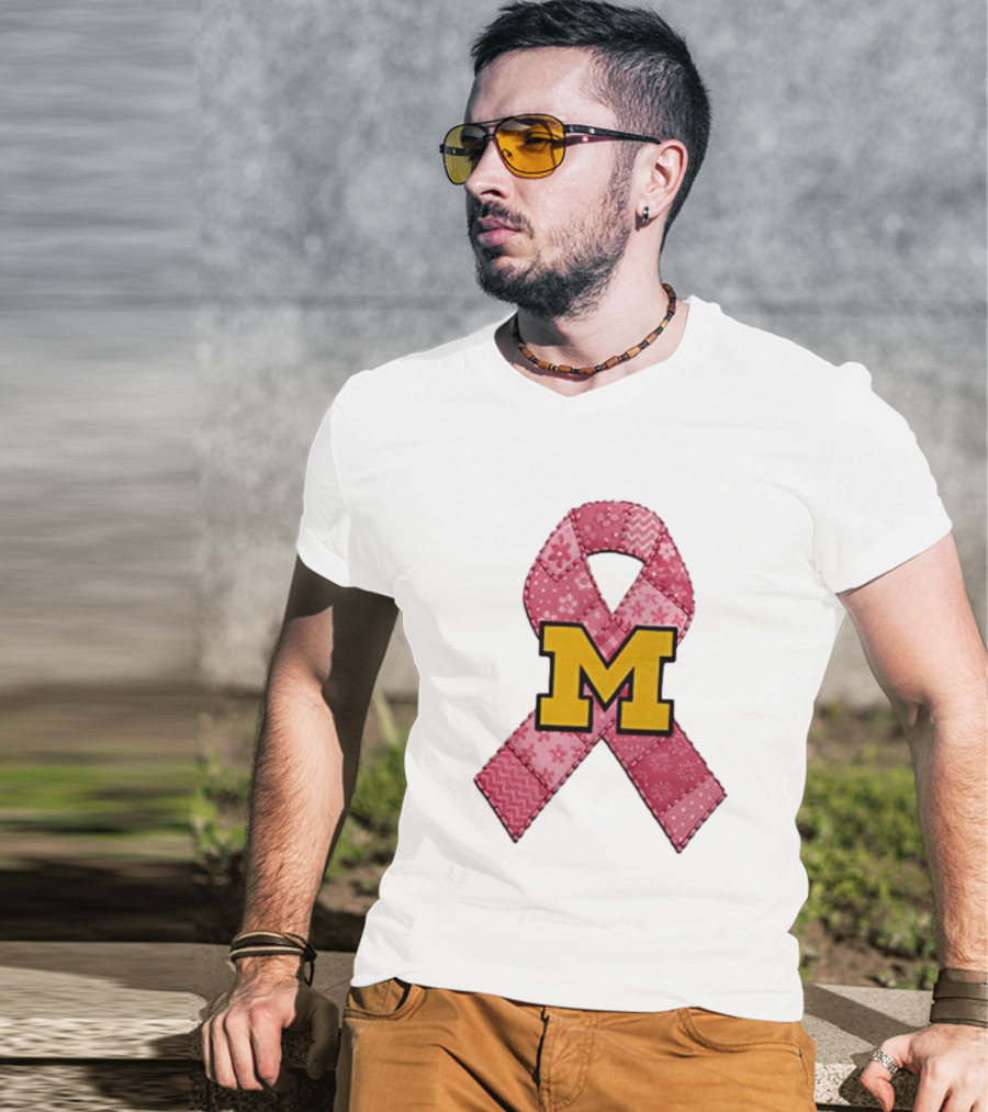 Michigan Wolverines Breast Cancer Awareness Pink Ribbon Patch T-Shirt