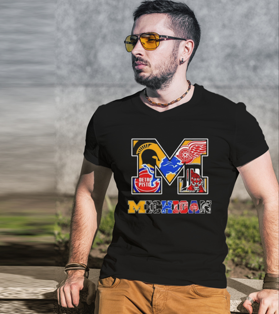 Michigan Sports Team Logos Mashup Detroit Pistons Red Wings Lions Spartans Tigers T-Shirt