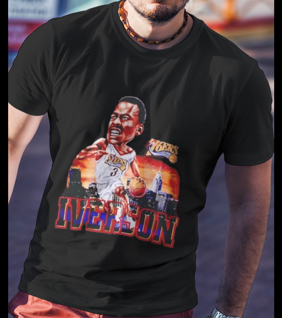 Allen Iverson 76ers Caricature With Philadelphia Skyline T-Shirt