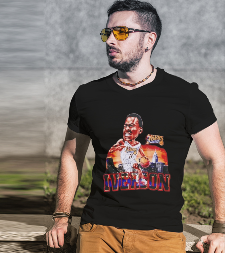 Allen Iverson 76ers Caricature With Philadelphia Skyline T-Shirt
