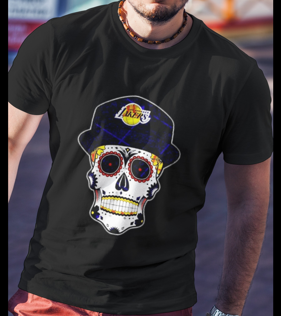 Los Angeles Lakers Sugar Skull Día De Muertos Hat Butterfly T-Shirt