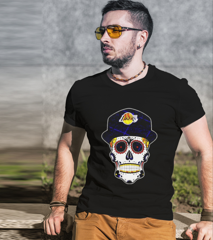 Los Angeles Lakers Sugar Skull Día De Muertos Hat Butterfly T-Shirt