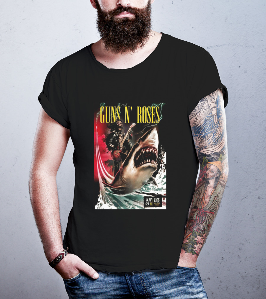 Guns N' Roses May 05 2026 Hard Rock Live Hollywood Concert Skeleton Guitarist Shark Wave T-Shirt