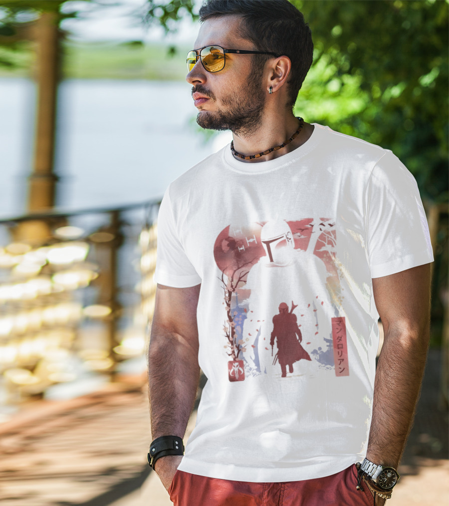 Lone Gunfighter Mandalorian Creed Japanese Text Star Wars Art Red Blue Yellow T-Shirt