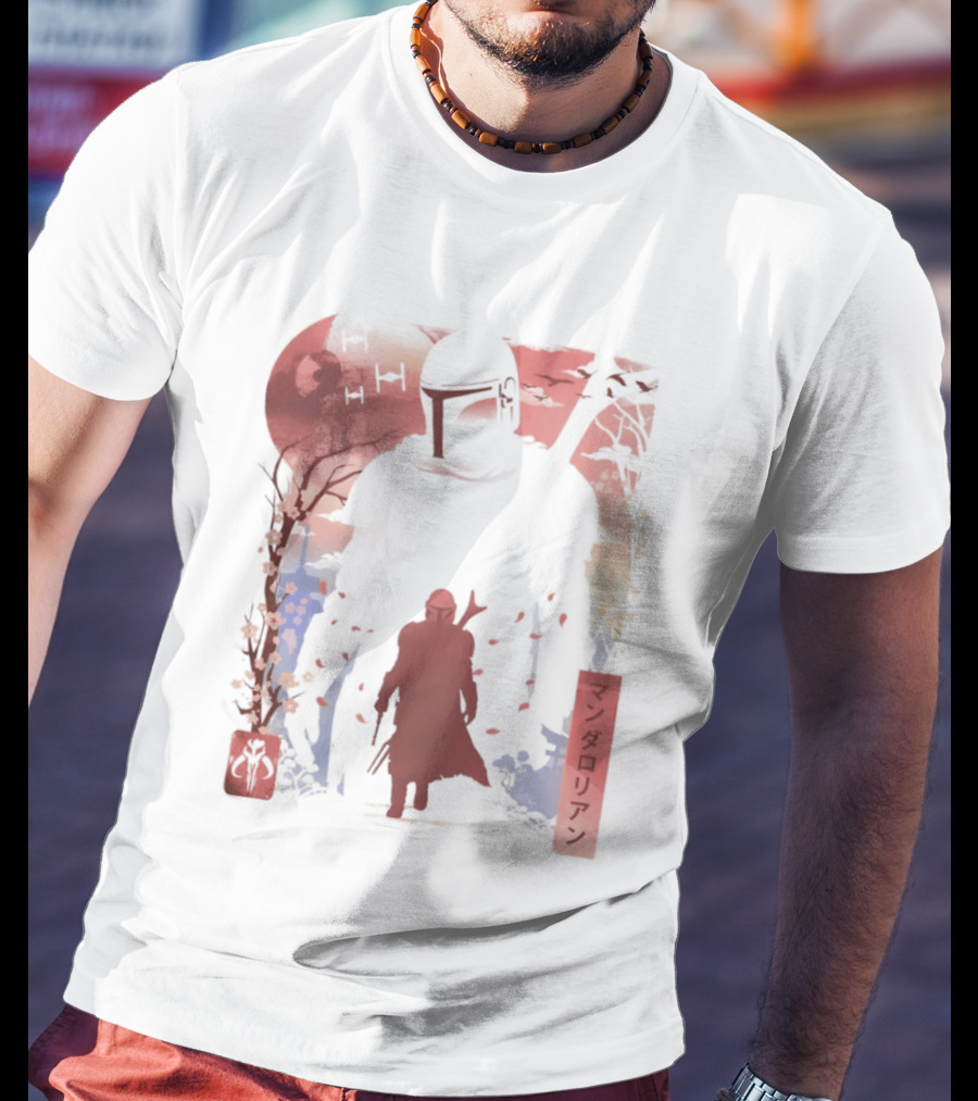 Lone Gunfighter Mandalorian Creed Japanese Text Star Wars Art Red Blue Yellow T-Shirt