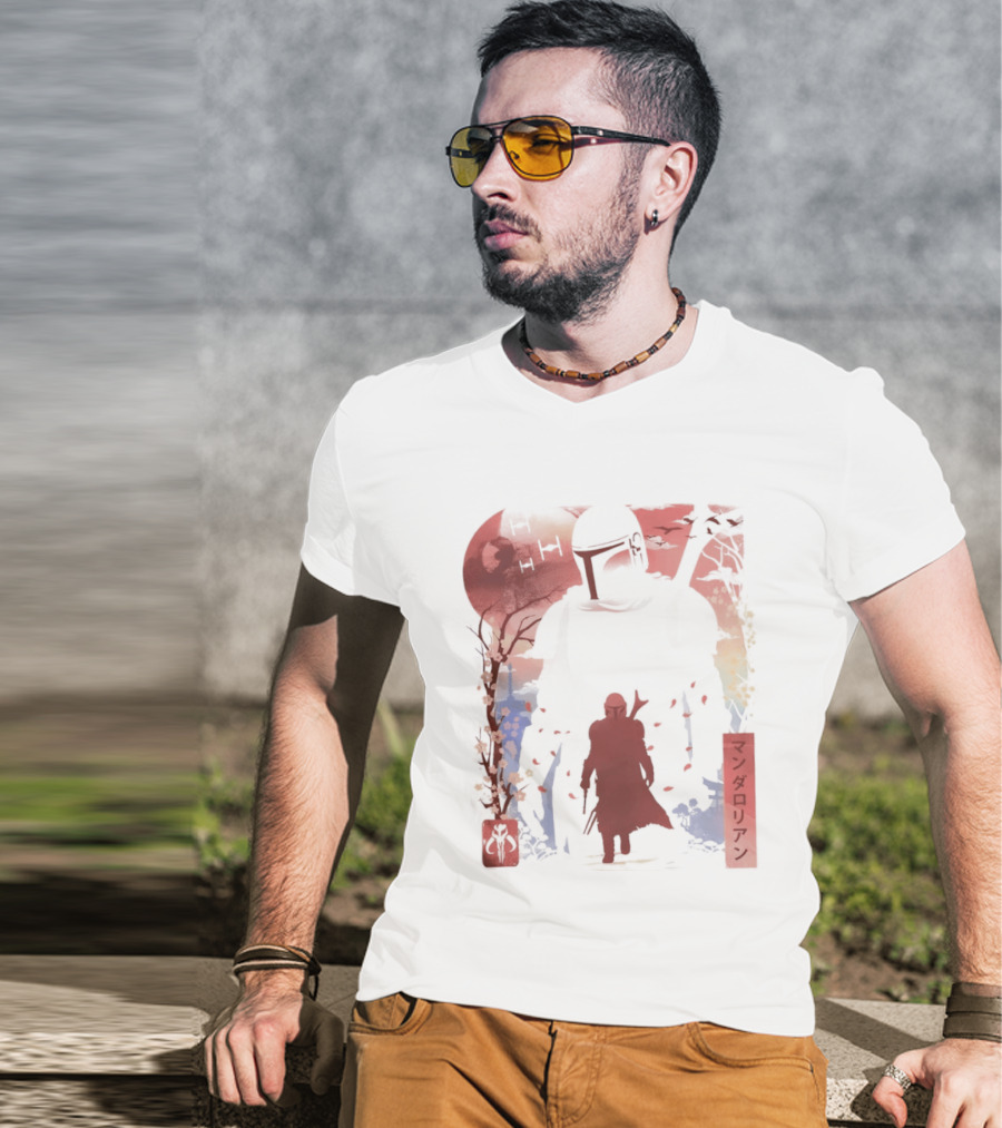 Lone Gunfighter Mandalorian Creed Japanese Text Star Wars Art Red Blue Yellow T-Shirt