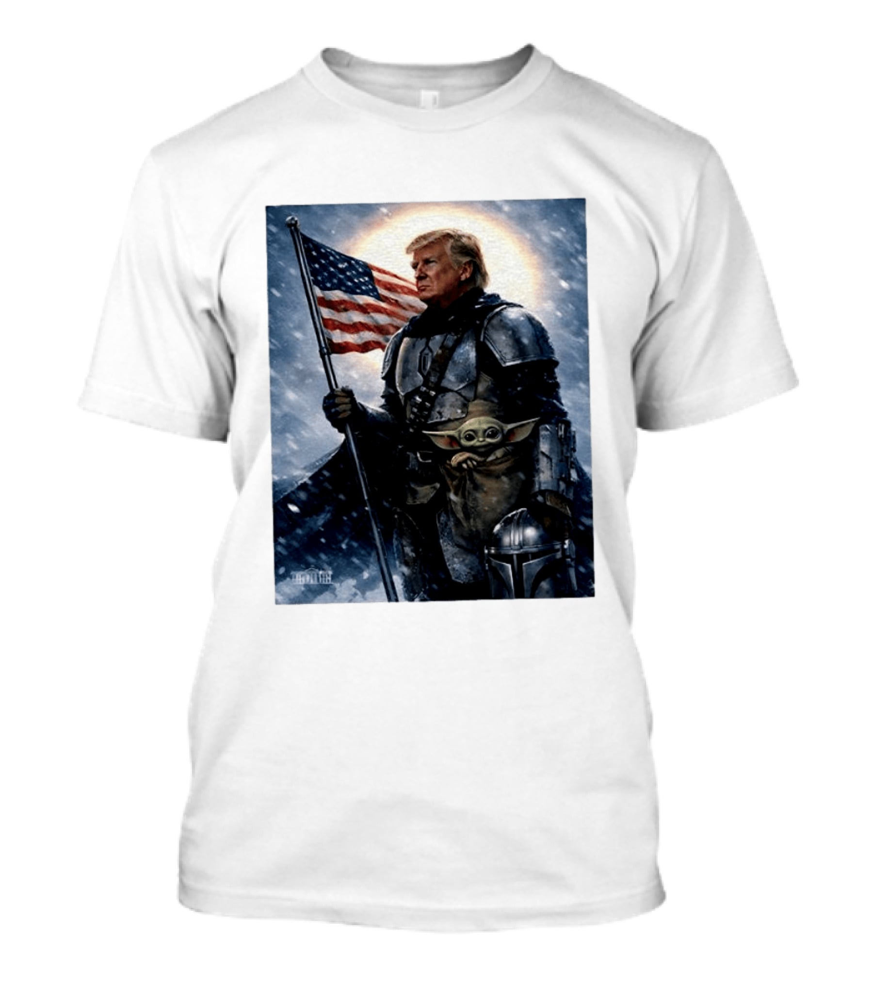 Donald Trump As The Mandalorian Holding American Flag With Grogu Star Wars T-Shirt
