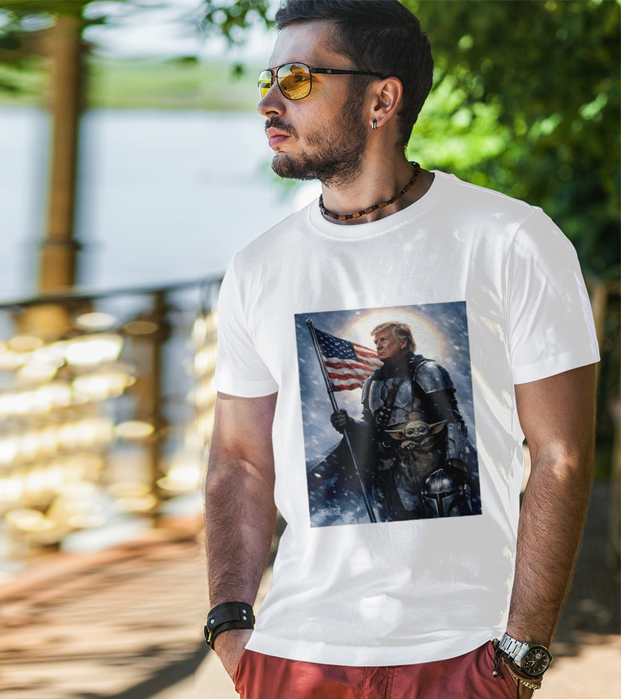 Donald Trump As The Mandalorian Holding American Flag With Grogu Star Wars T-Shirt