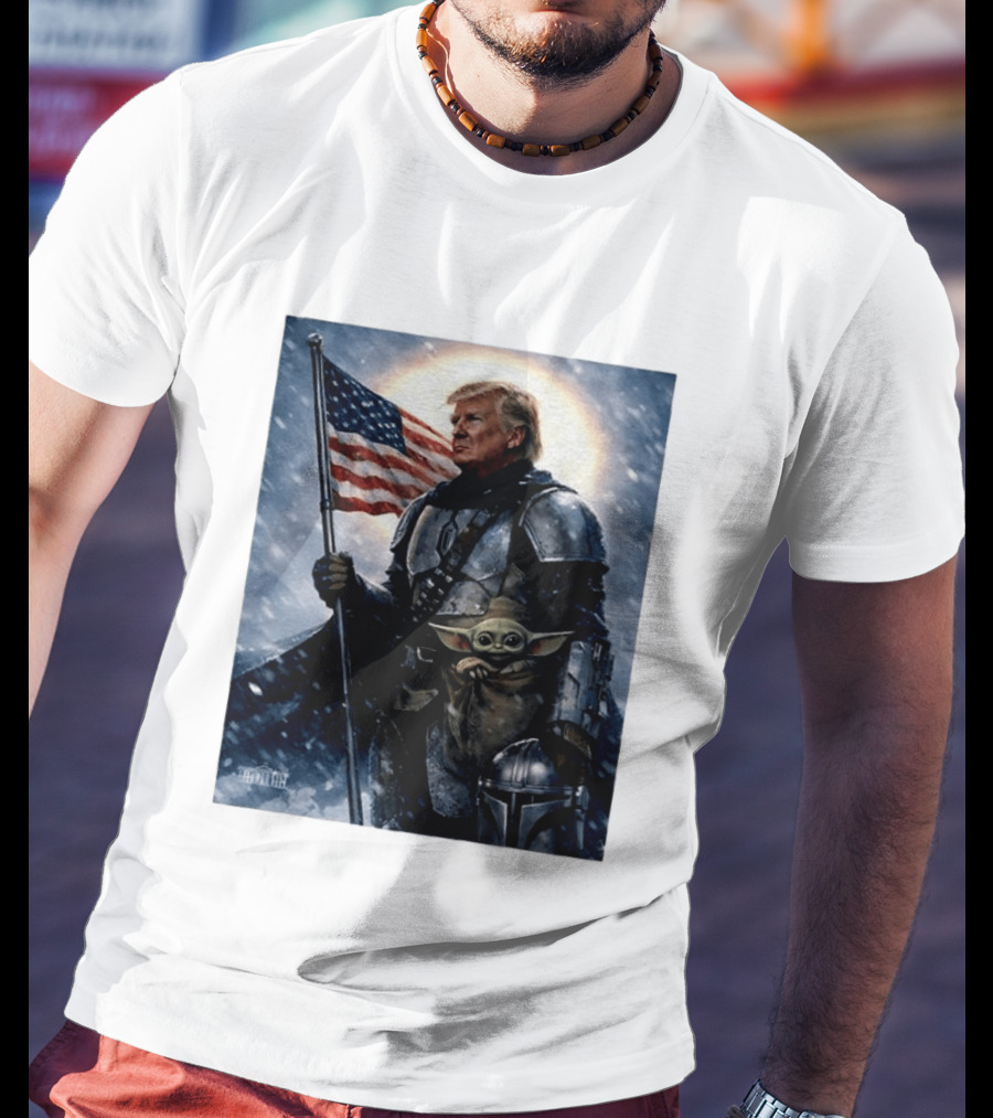 Donald Trump As The Mandalorian Holding American Flag With Grogu Star Wars T-Shirt
