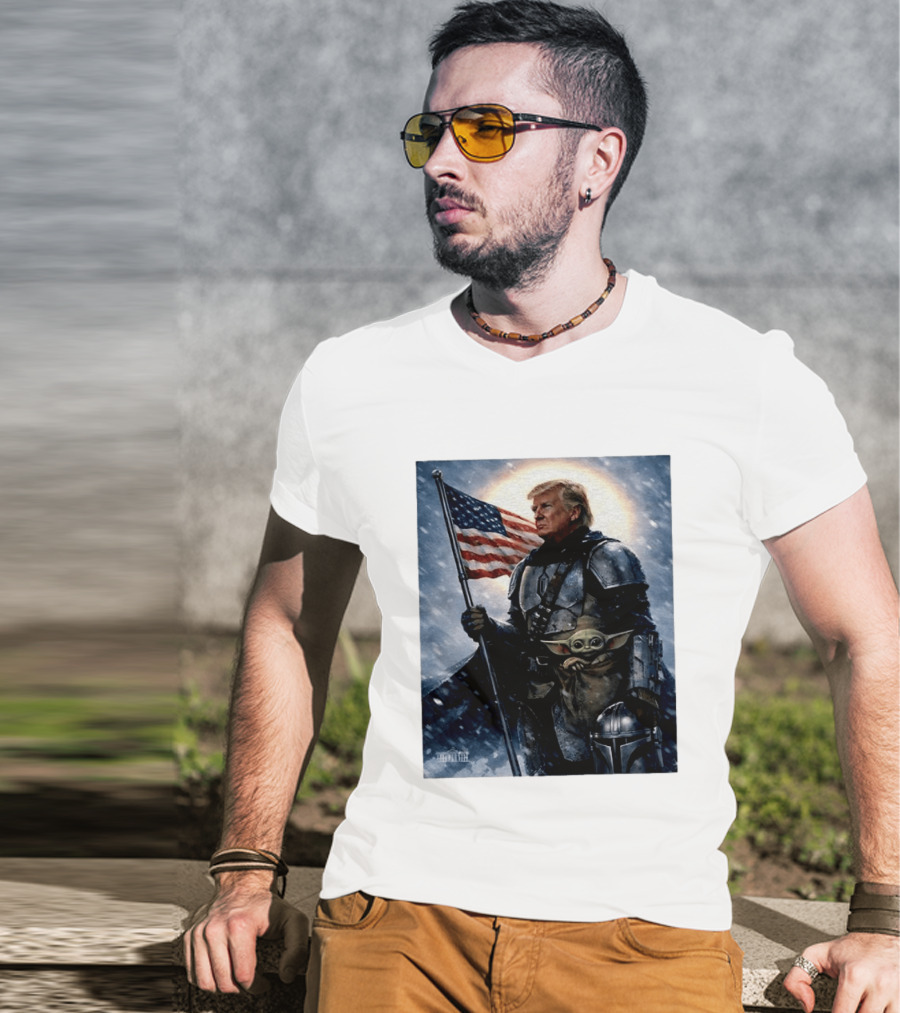 Donald Trump As The Mandalorian Holding American Flag With Grogu Star Wars T-Shirt