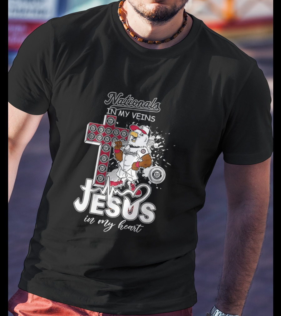 Nationals In My Veins Jesus In My Heart Baseball Cross Christian T-Shirt