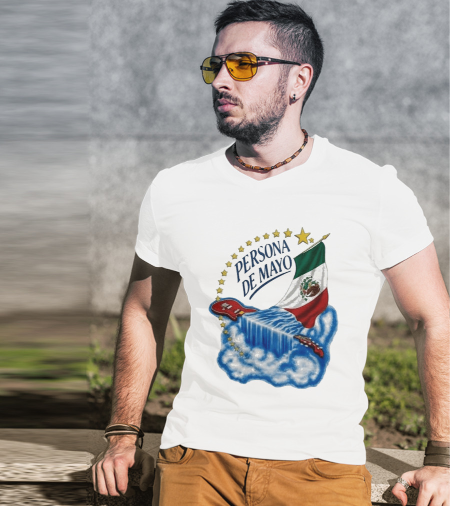 Persona De Mayo Mexican Flag Guitar Waterfall Stars T-Shirt