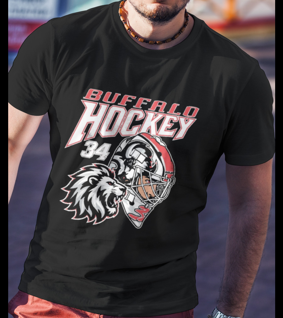 Buffalo Hockey 34 The Lyons Den Lion And Hockey Helmet T-Shirt