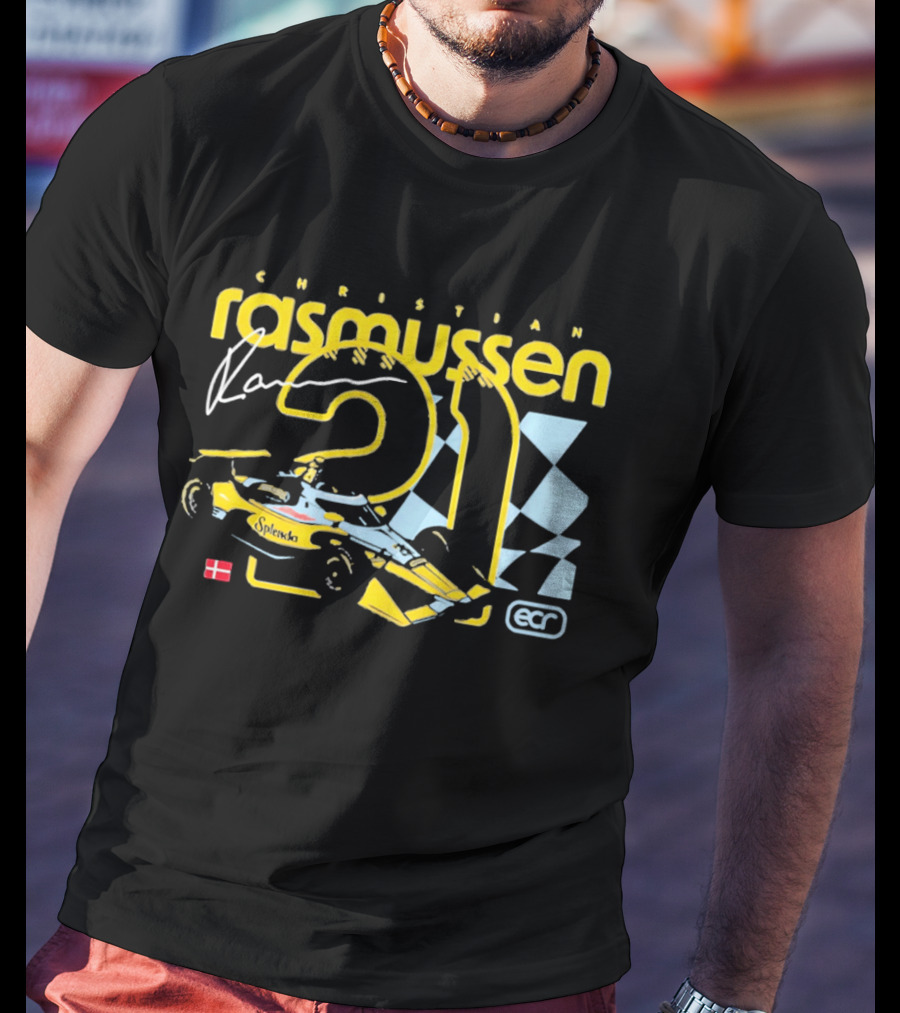 Christian Rasmussen ECR Number 21 Racing Splendor Denmark Flag Checkerboard T-Shirt