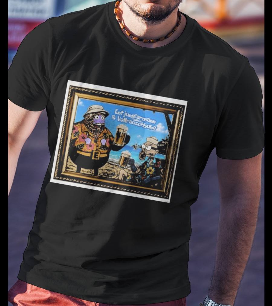 Entjungfermann And Vollrauschbube Tropical Beach Cartoon Characters Cheers With Beer T-Shirt
