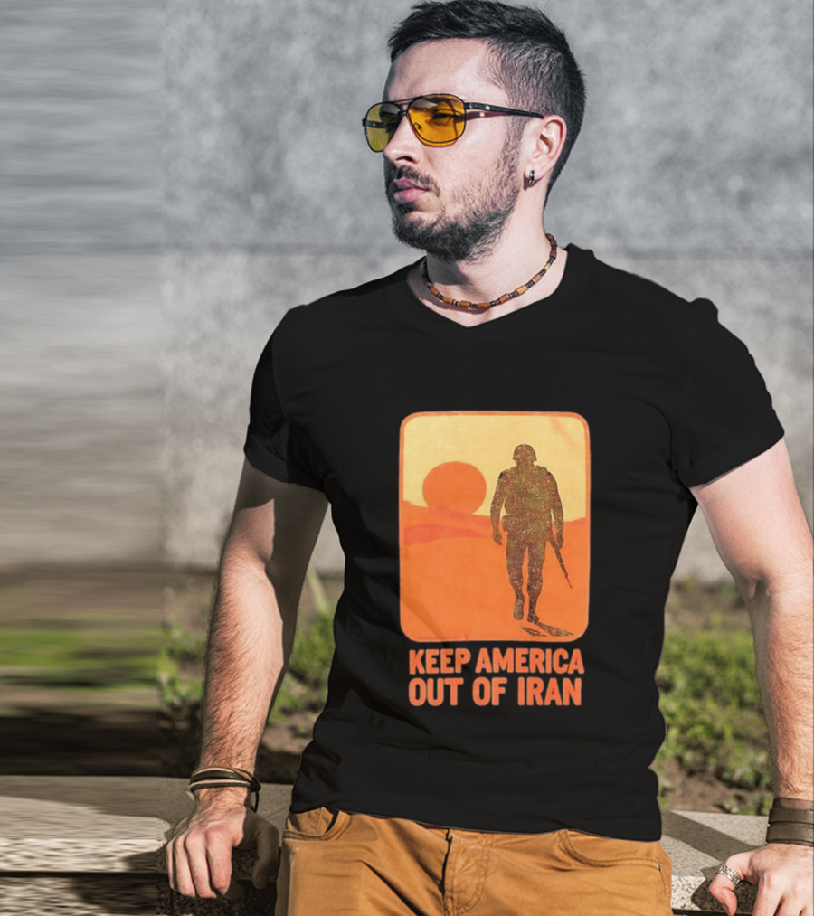Keep America Out Of Iran Soldier Silhouette Desert Sunset Scene T-Shirt