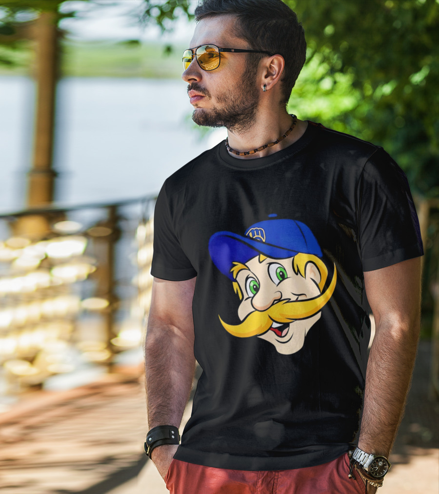 Milwaukee Brewers Big Face Mascot With Blue Cap And Mustache T-Shirt