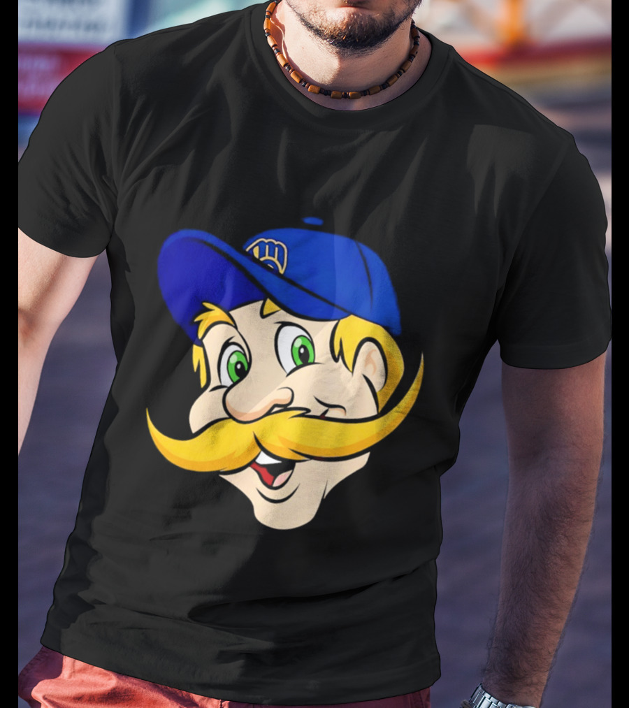 Milwaukee Brewers Big Face Mascot With Blue Cap And Mustache T-Shirt