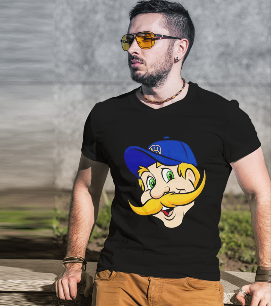 Milwaukee Brewers Big Face Mascot With Blue Cap And Mustache T-Shirt