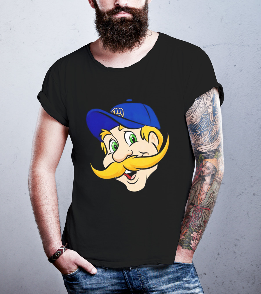 Milwaukee Brewers Big Face Mascot With Blue Cap And Mustache T-Shirt
