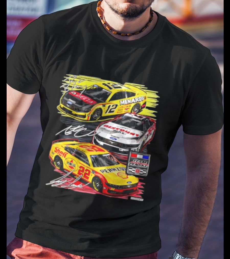 Team Penske 60th Anniversary NASCAR Racing Cars With Menards Shell Pennzoil Discount Tire Sponsors And Driver Signatures T-Shirt