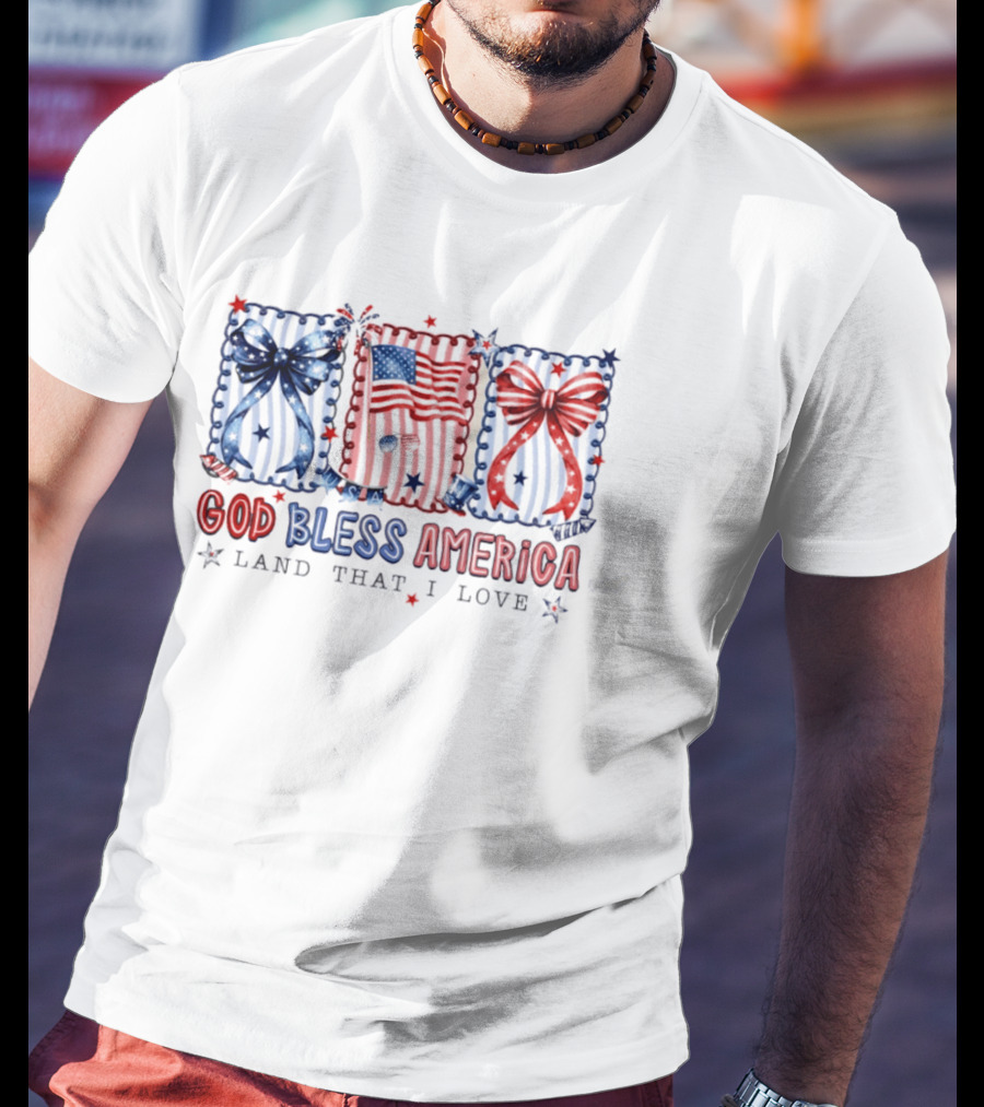 Coquette God Bless America Land That I Love Patriotic Fourth Of July Bows And Flags T-Shirt
