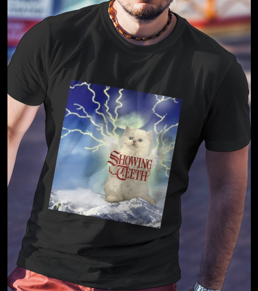 Showing Teeth Cat With Lightning Background In Blue Sky T-Shirt