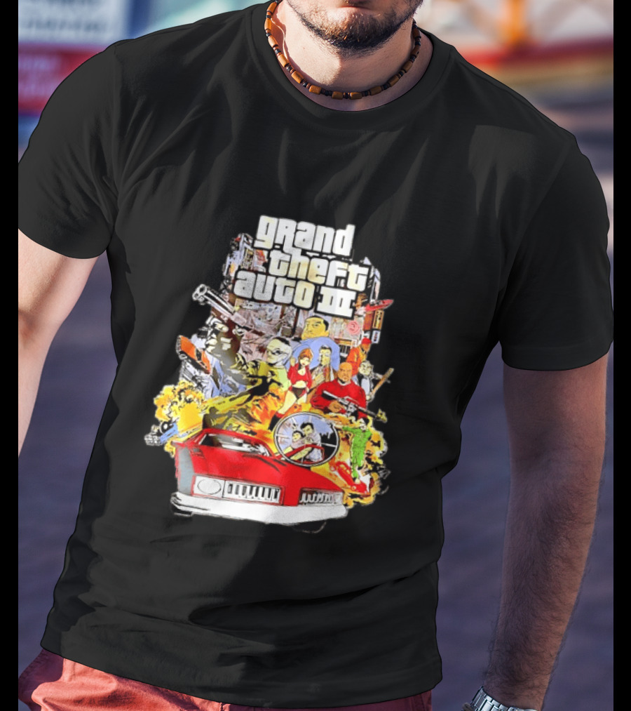Grand Theft Auto III Characters Action Collage With Iconic Red Car T-Shirt