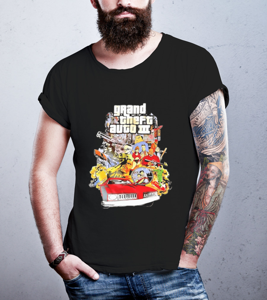 Grand Theft Auto III Characters Action Collage With Iconic Red Car T-Shirt