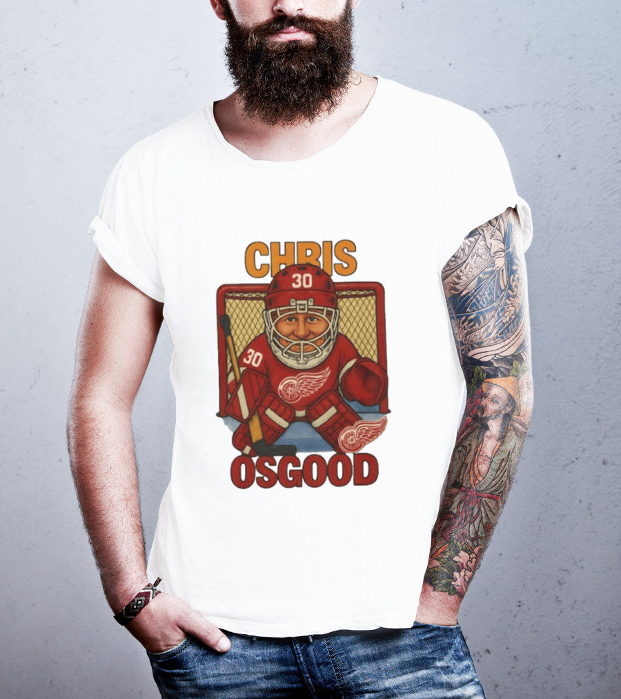 CHRIS OSGOOD 30 Detroit Red Wings Hockey Goalie Caricature T-Shirt