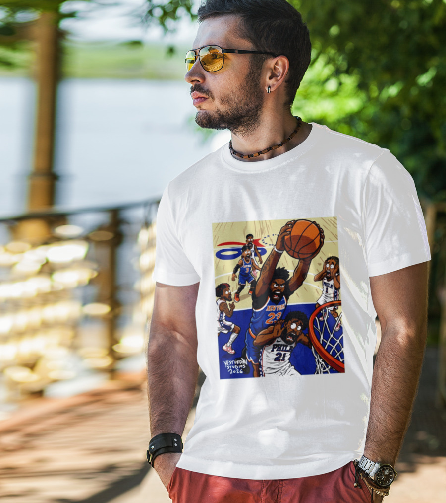 New York Knicks Mitchell Robinson Dunking On Philadelphia Joel Embiid Caricature 2026 Basketball Action T-Shirt