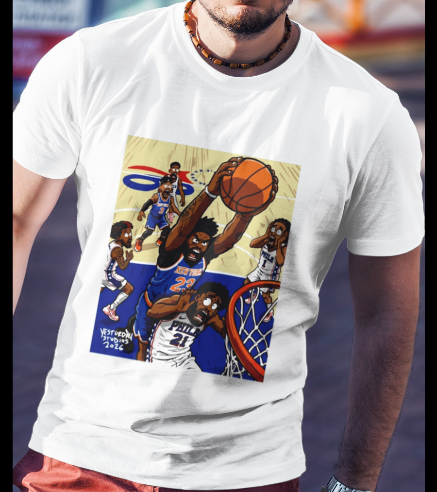 New York Knicks Mitchell Robinson Dunking On Philadelphia Joel Embiid Caricature 2026 Basketball Action T-Shirt