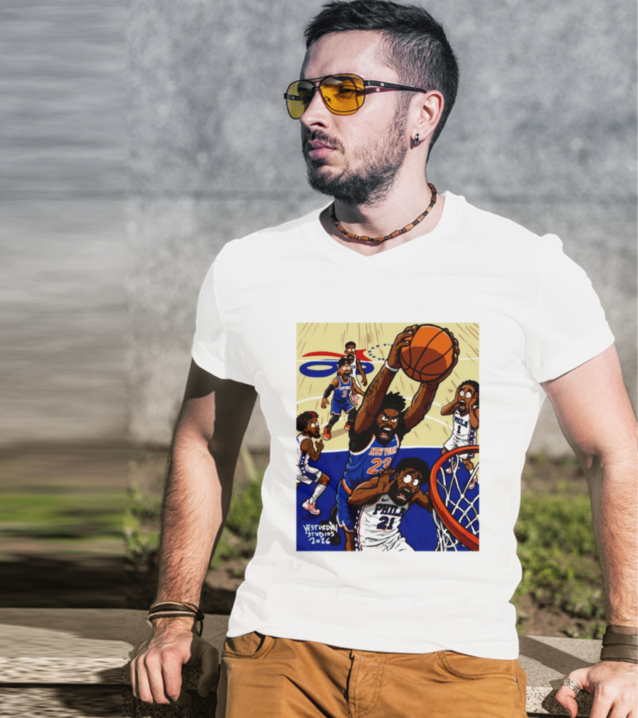 New York Knicks Mitchell Robinson Dunking On Philadelphia Joel Embiid Caricature 2026 Basketball Action T-Shirt