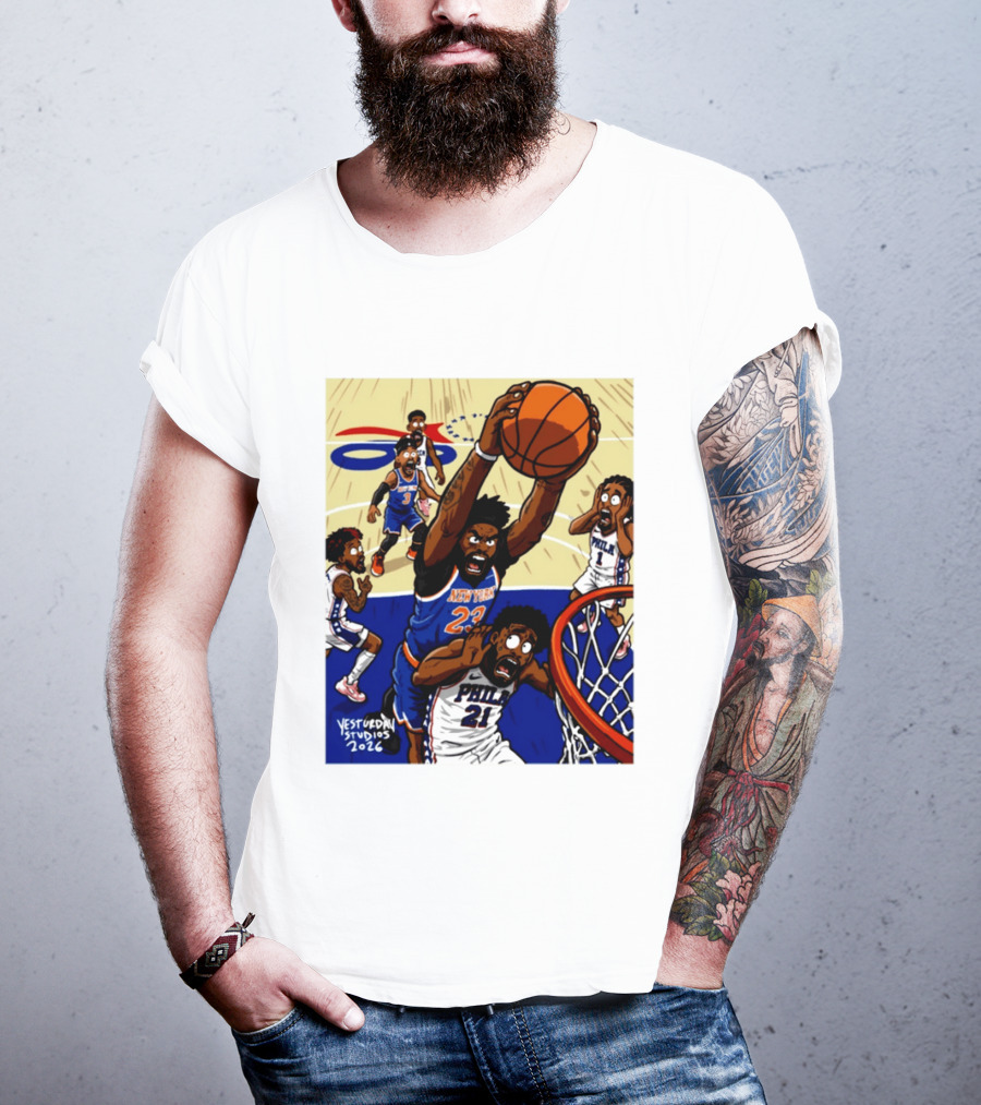 New York Knicks Mitchell Robinson Dunking On Philadelphia Joel Embiid Caricature 2026 Basketball Action T-Shirt