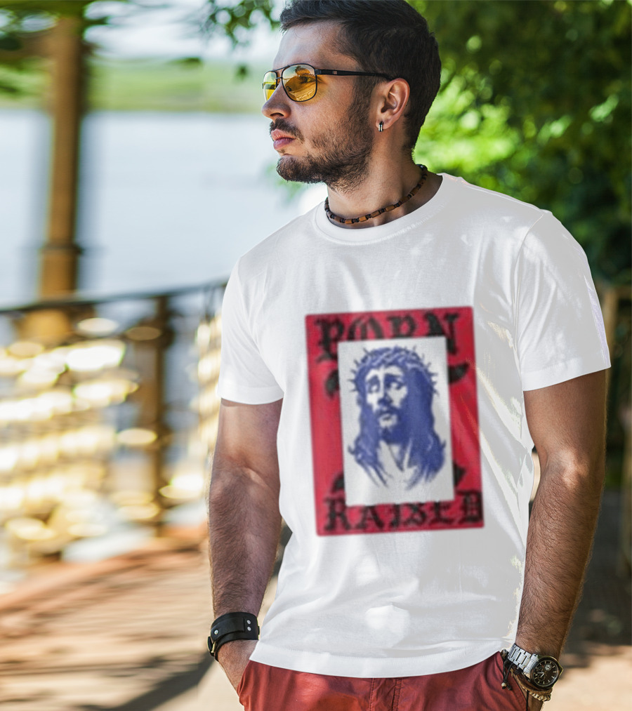 Born X Raised Salvation Jesus Crown Of Thorns Red Blue T-Shirt