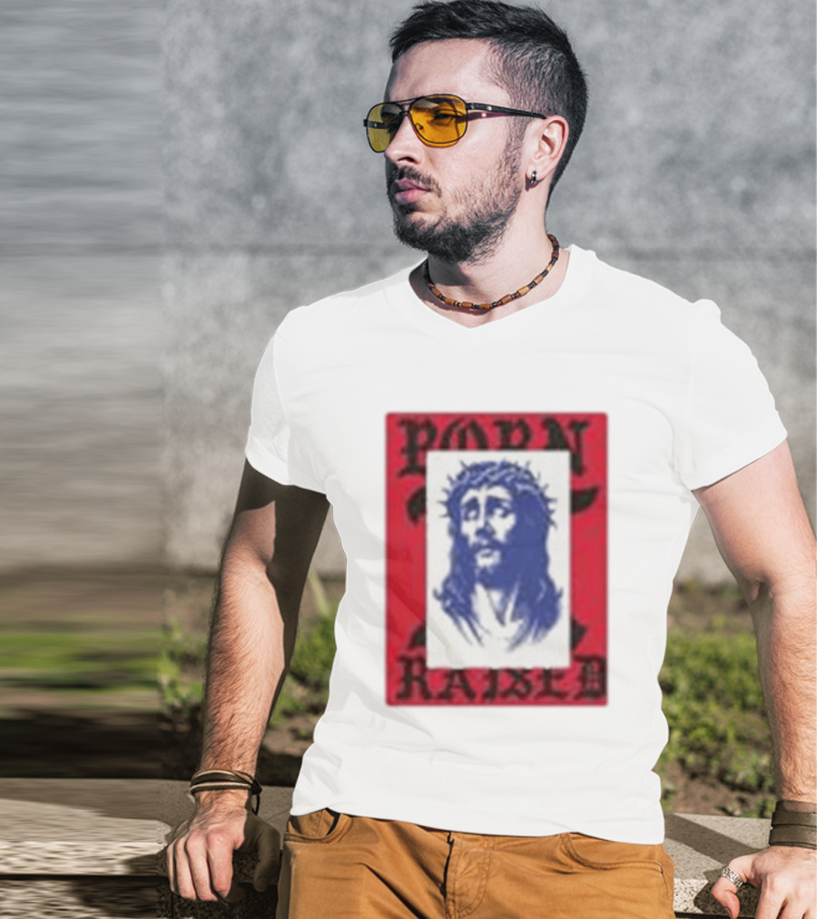 Born X Raised Salvation Jesus Crown Of Thorns Red Blue T-Shirt
