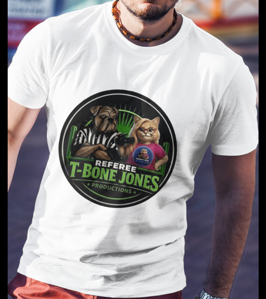 Referee Bone Jones Productions Light Blue Gaming Ashley Bulldog Cat T-Shirt