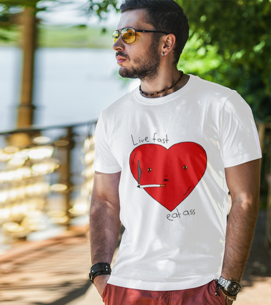 Live Fast Eat Ass Heart Smoking Cartoon T-Shirt