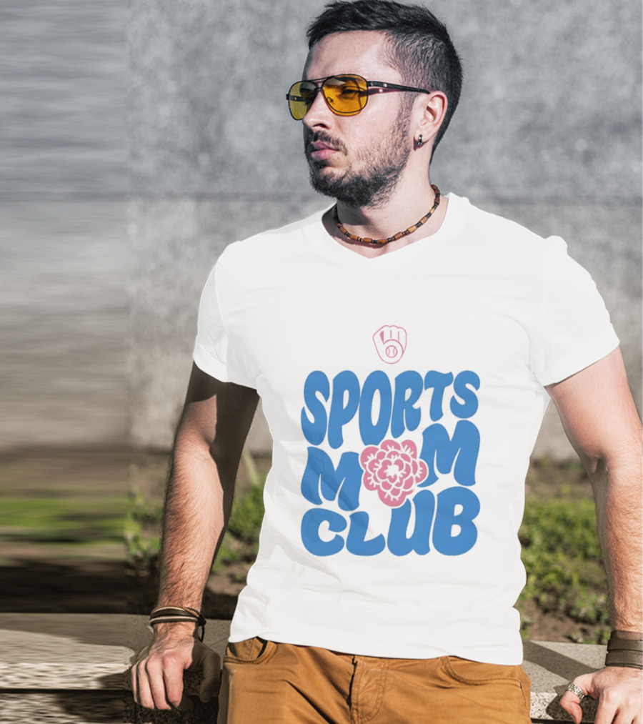 Milwaukee Brewers Sports Mom Club Mother's Day Baseball Mitt Flower T-Shirt