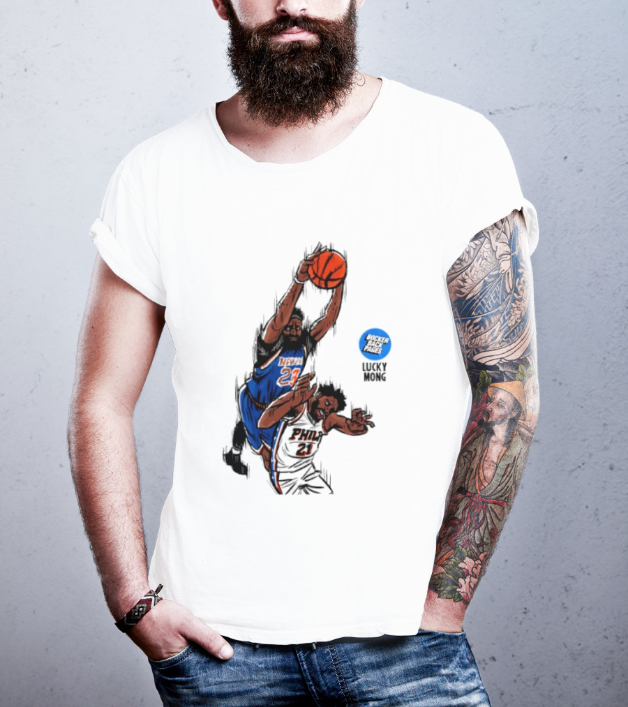 Knicks Vs 76ers Game 4 Iconic Moment Joel Embiid Mitchell Robinson NBA Matchup T-Shirt