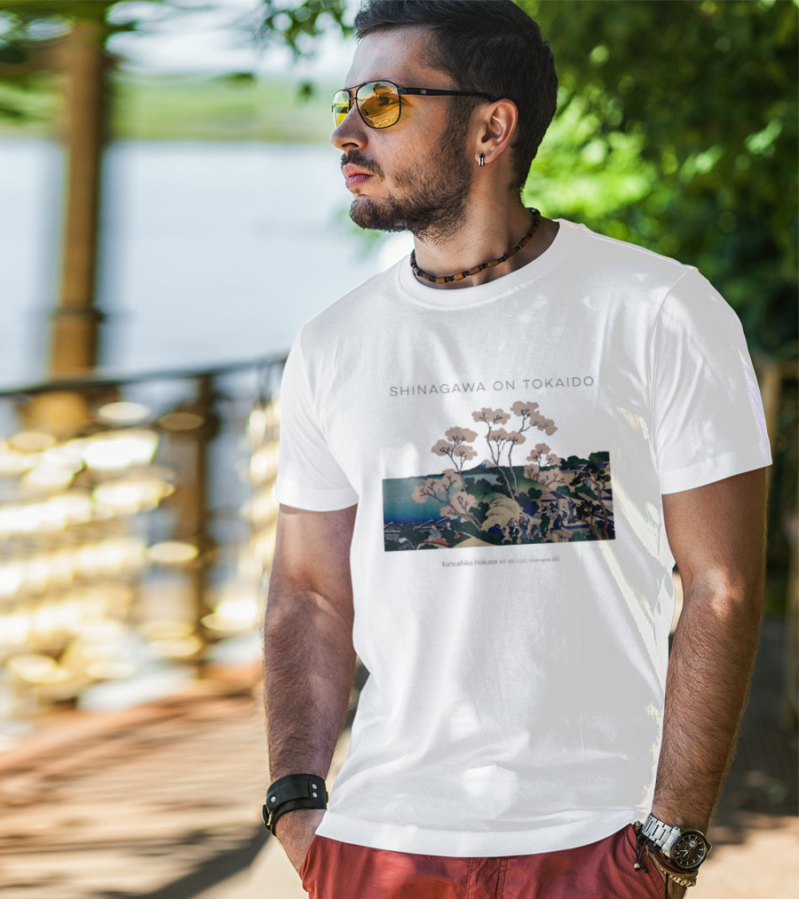 Shinagawa On Tokaido Katsushika Hokusai Cherry Blossoms And Travelers In Edo Period Japan T-Shirt