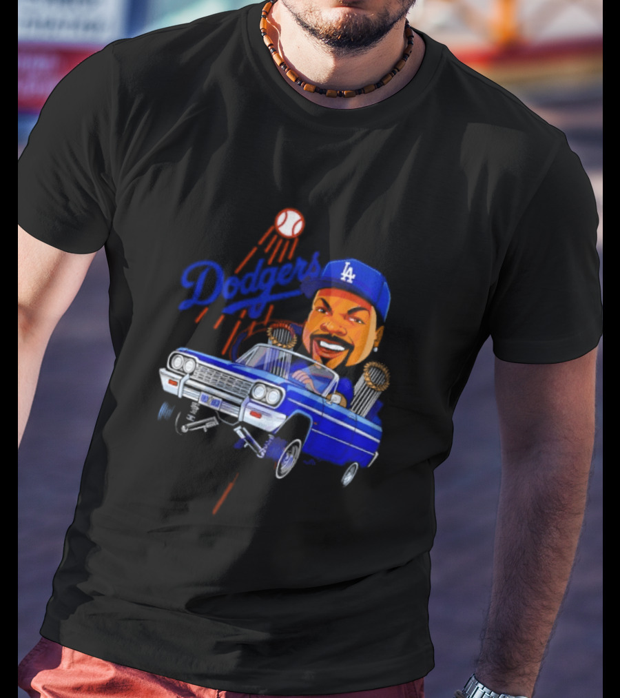 Ice Cube Cartoon Driving Lowrider Los Angeles Dodgers Baseball T-Shirt